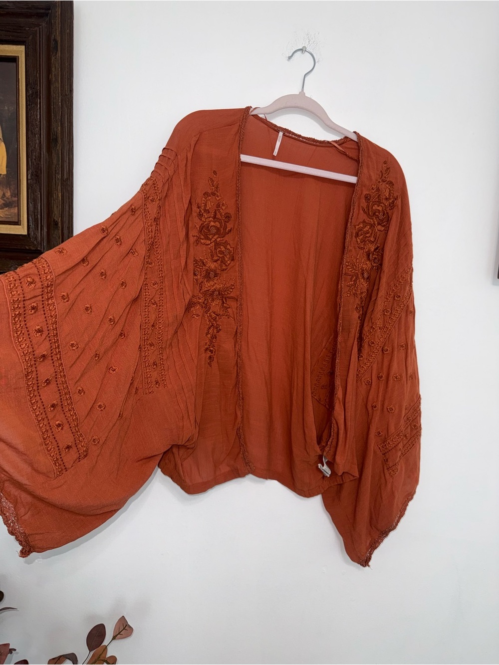 Free People Burnt Orange Embroidered Kimono Top